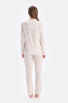 Ekru Minik Kalp Baskılı Süprem Gömlek Pantolon Pijama Takımı