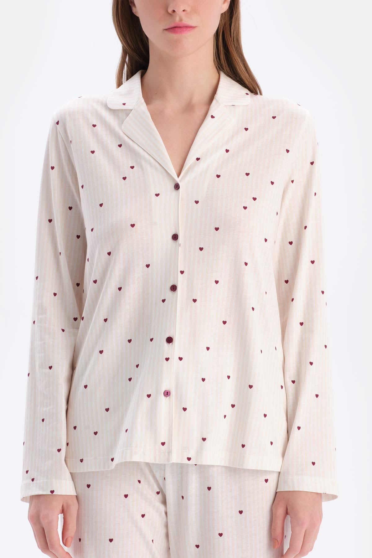 Ekru Minik Kalp Baskılı Süprem Gömlek Pantolon Pijama Takımı