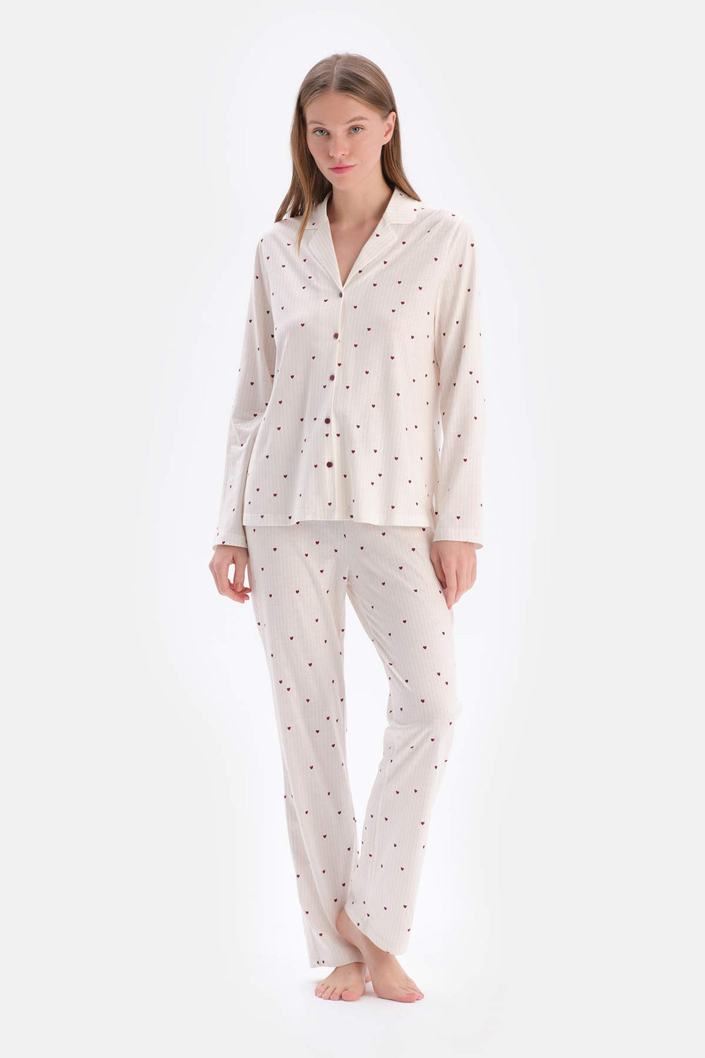 Ekru Minik Kalp Baskılı Süprem Gömlek Pantolon Pijama Takımı