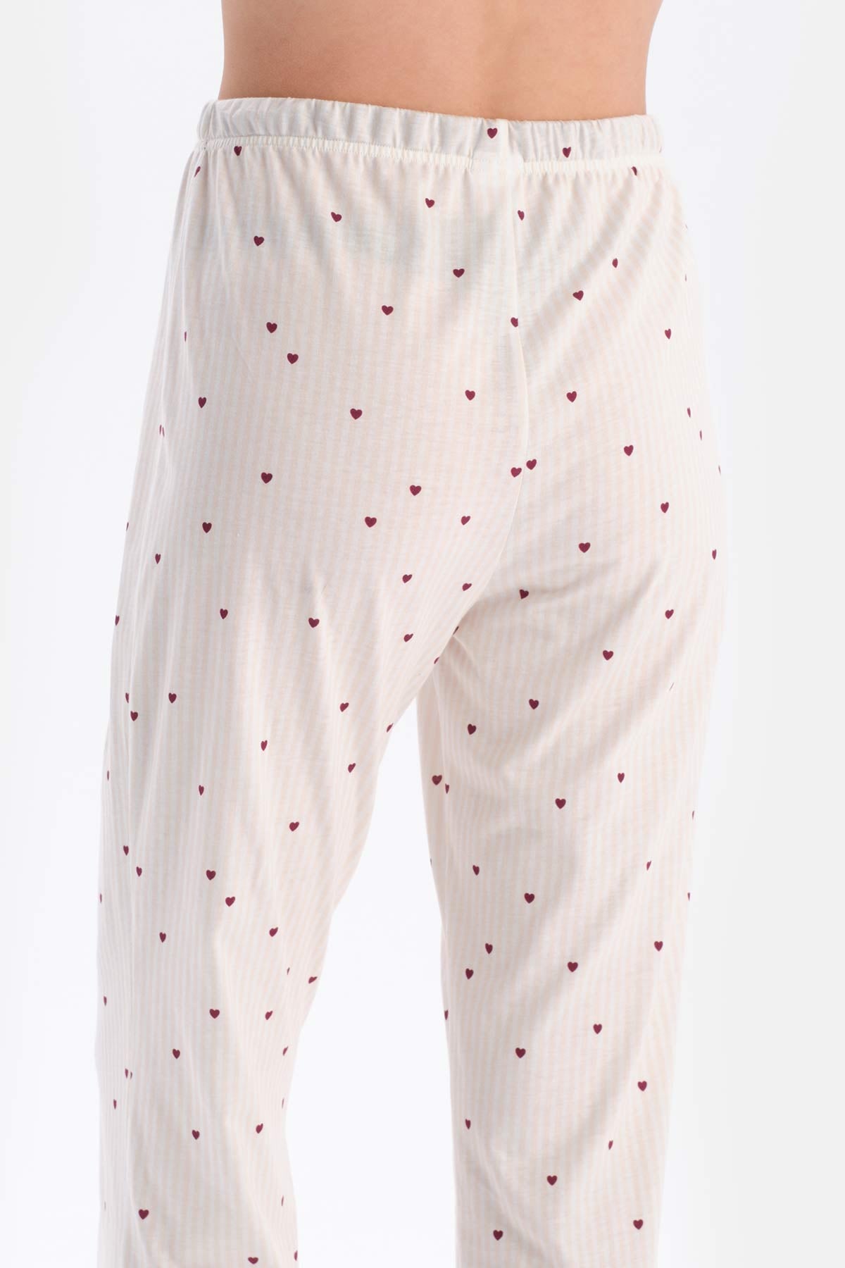 Ekru Minik Kalp Baskılı Süprem Gömlek Pantolon Pijama Takımı