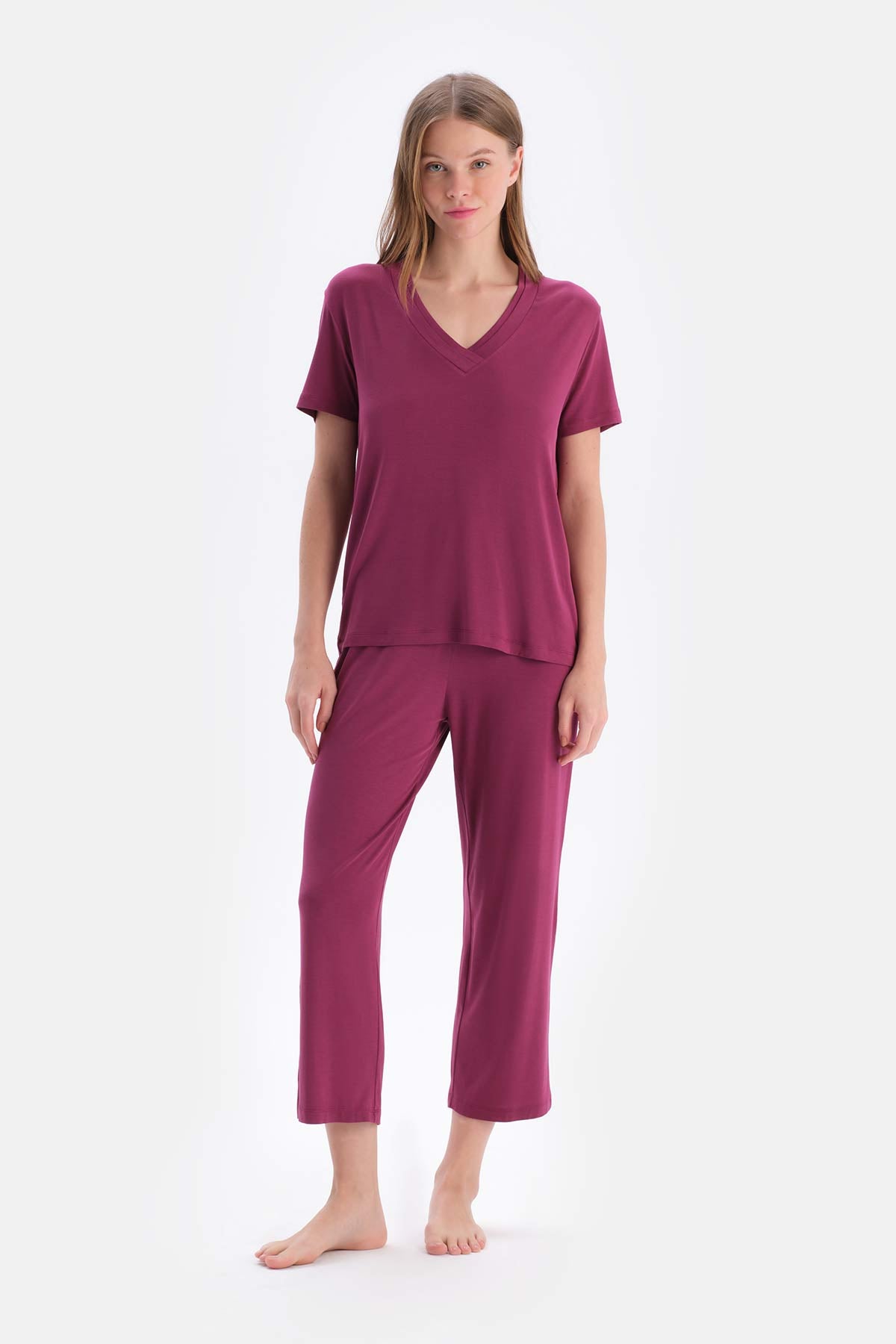 Bordeaux SHORT SLEEVE V-NECK BASIC VISCOSE T-SHIRT PANTS PAJAMA SET