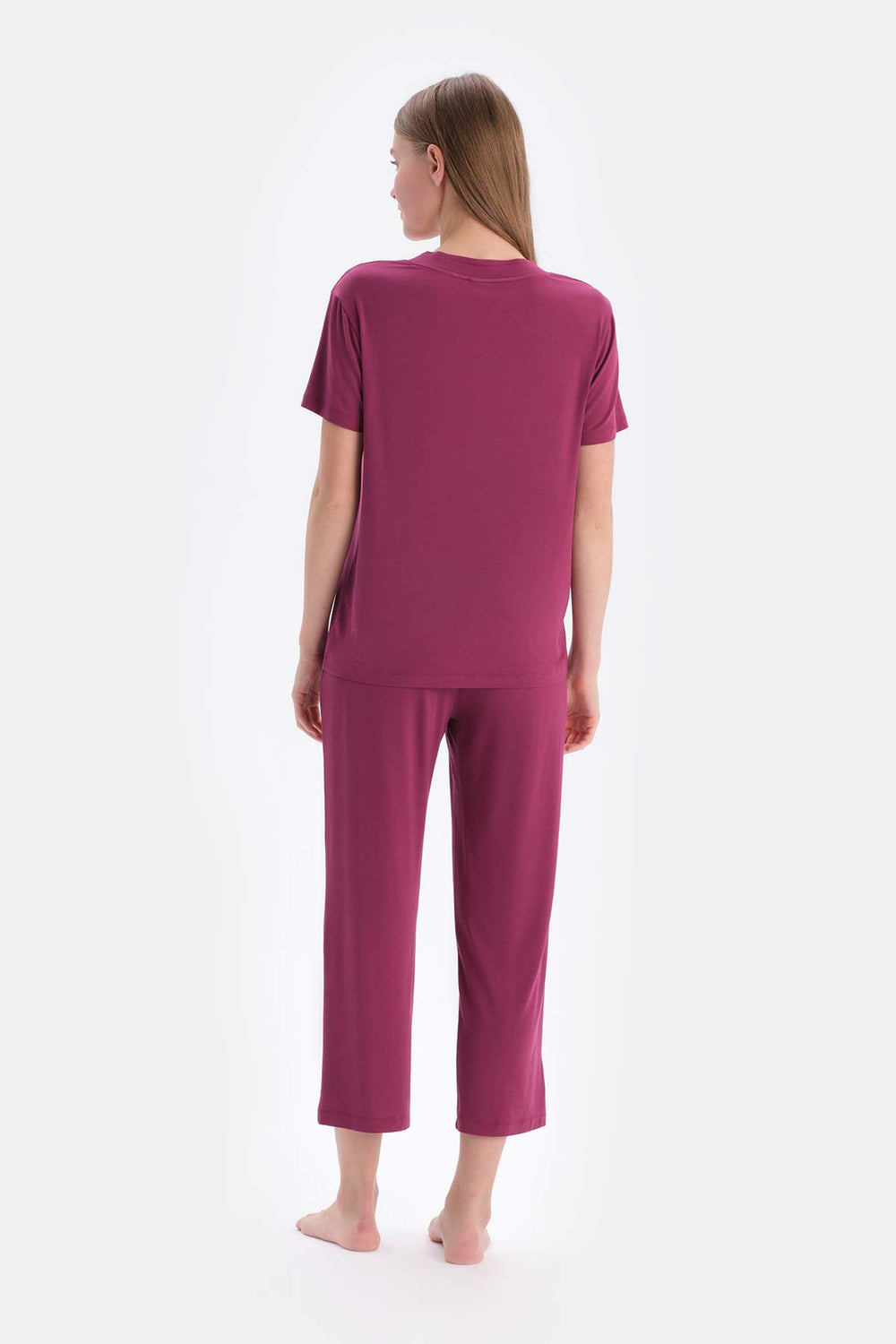 Bordeaux SHORT SLEEVE V-NECK BASIC VISCOSE T-SHIRT PANTS PAJAMA SET