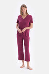 Bordeaux SHORT SLEEVE V-NECK BASIC VISCOSE T-SHIRT PANTS PAJAMA SET
