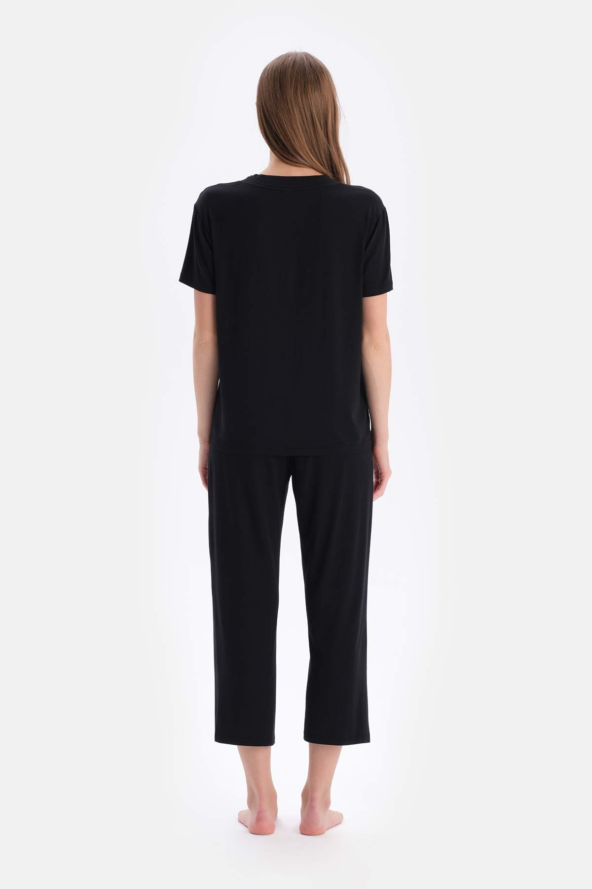 Black SHORT SLEEVE V-NECK BASIC VISCOSE T-SHIRT PANTS PAJAMA SET