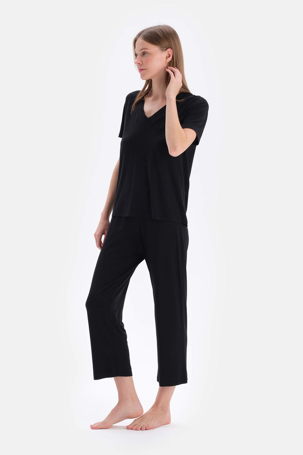 Black SHORT SLEEVE V-NECK BASIC VISCOSE T-SHIRT PANTS PAJAMA SET