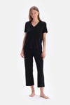 Black SHORT SLEEVE V-NECK BASIC VISCOSE T-SHIRT PANTS PAJAMA SET