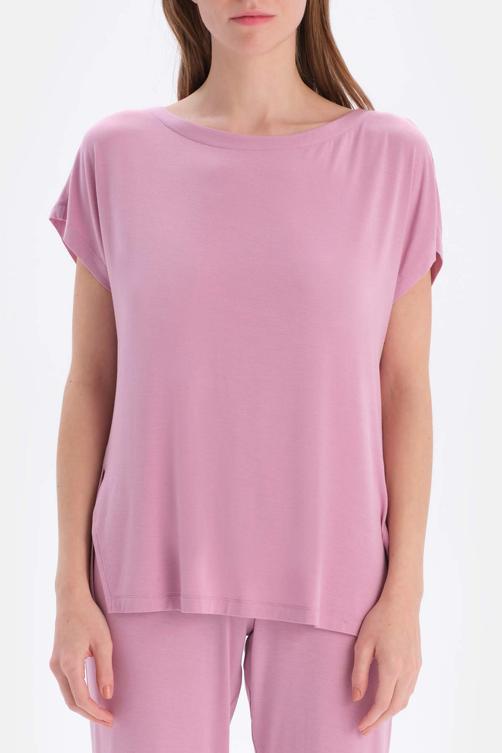 Lila Bisiklet Yaka Kısa Kollu Tişört Jogger Alt Pijama Takımı