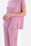 Lila Bisiklet Yaka Kısa Kollu Tişört Jogger Alt Pijama Takımı