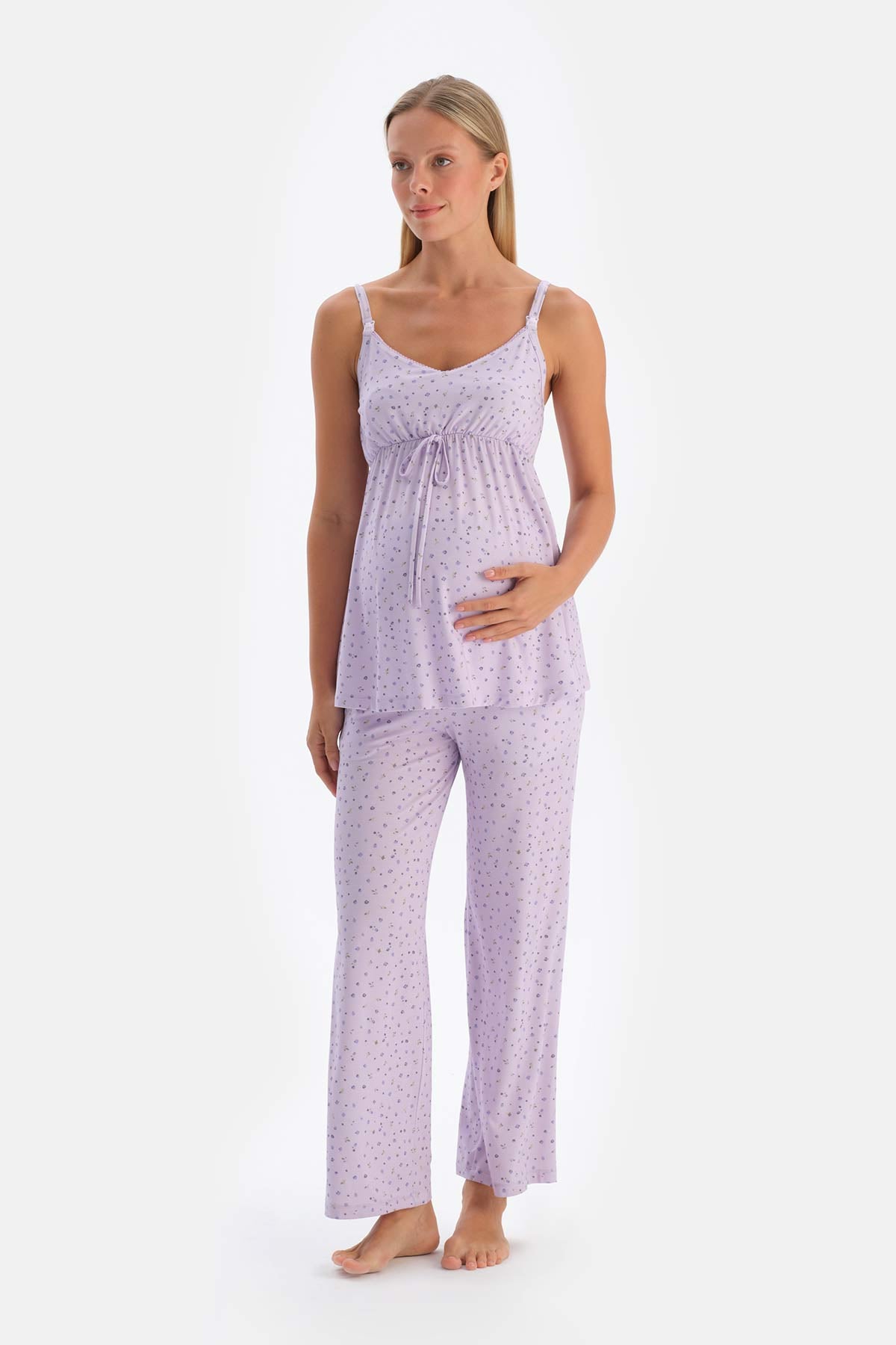 Lila Metraj Çiçek Baskılı Penye Modal Hamile Pijama Takımı