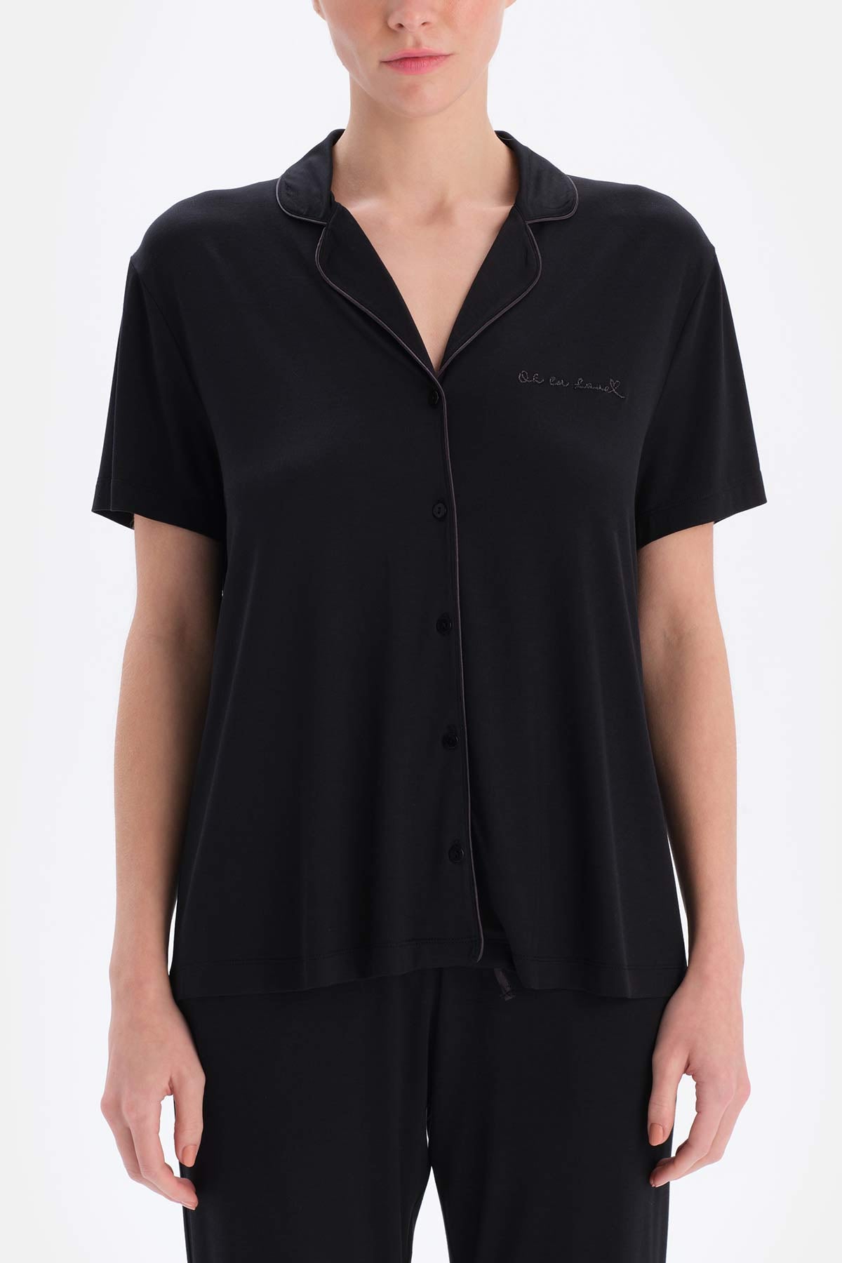 Siyah Nakış Detaylı Viskon Gömlek Pantolon Pijama Takımı