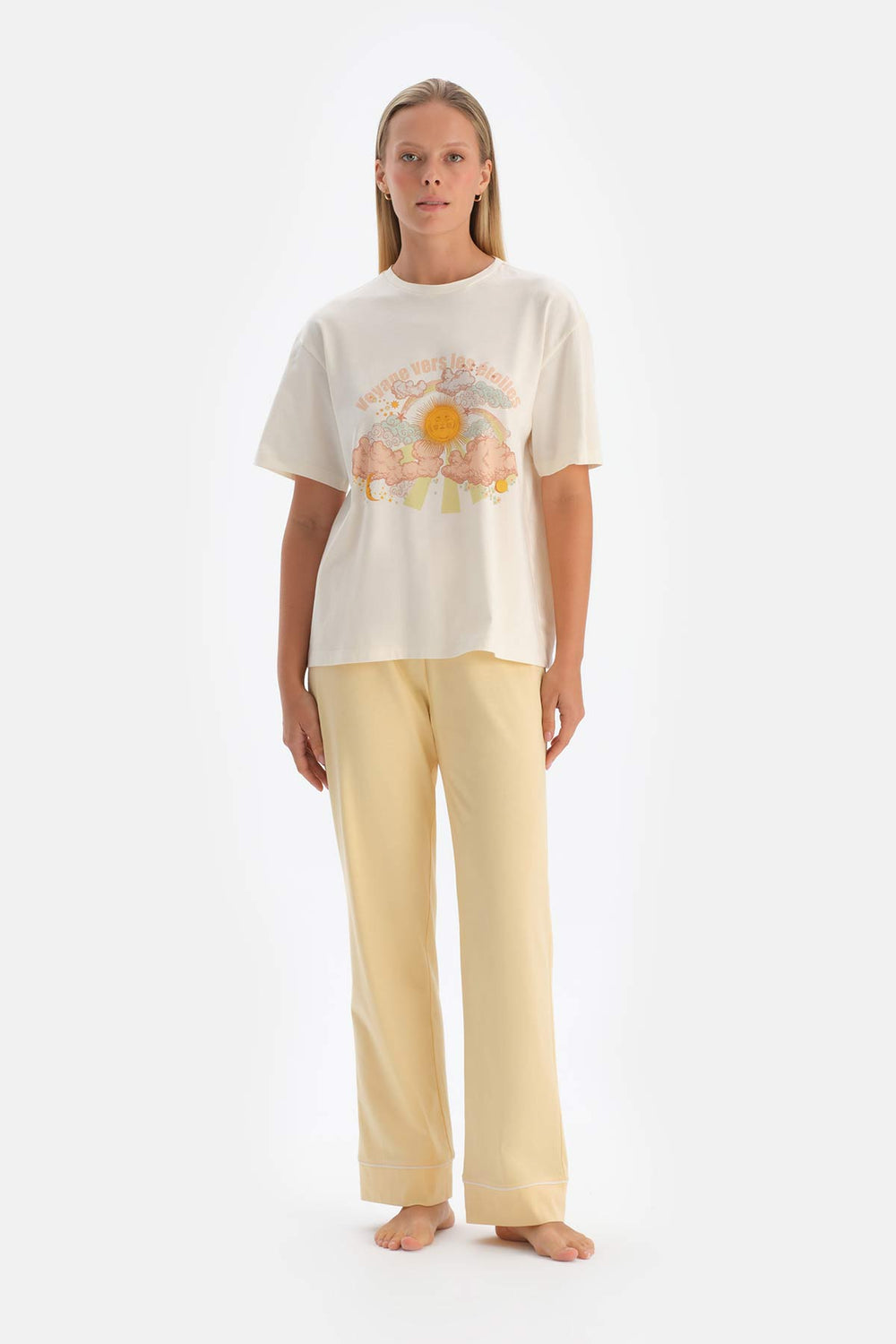 Kırık Beyaz Baskılı Pamuklu Pijama Takımı