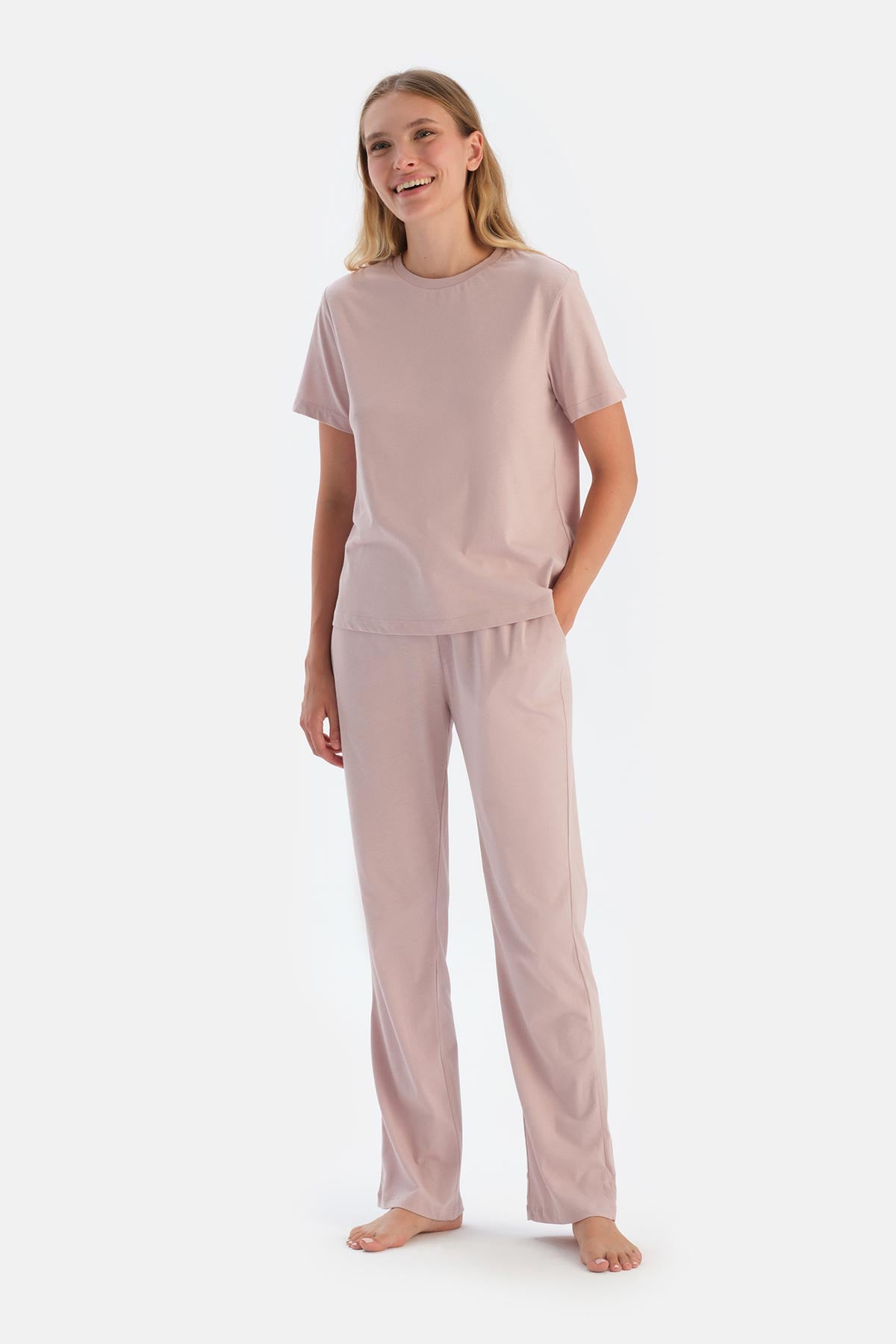 Pembe Bisiklet Yaka Düşük Kol Celliant Pijama Takımı