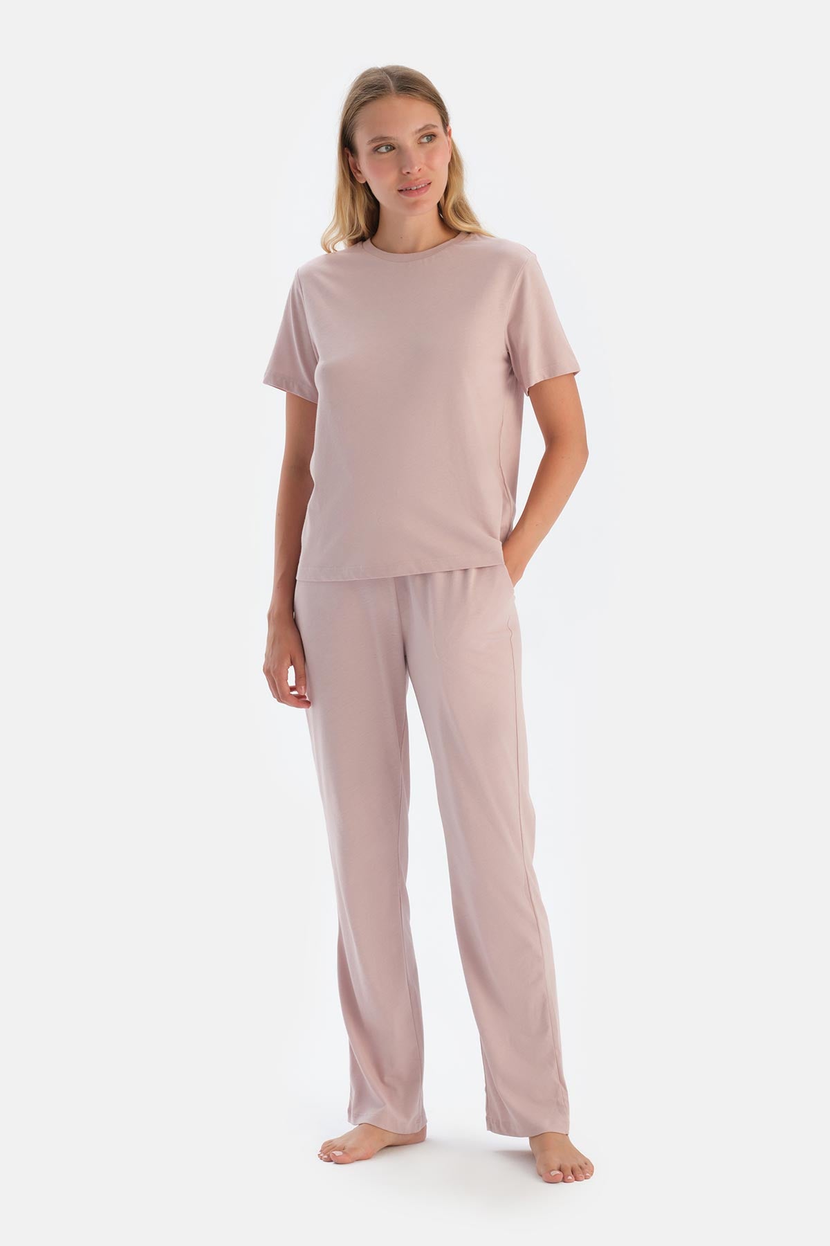 Pembe Bisiklet Yaka Düşük Kol Celliant Pijama Takımı