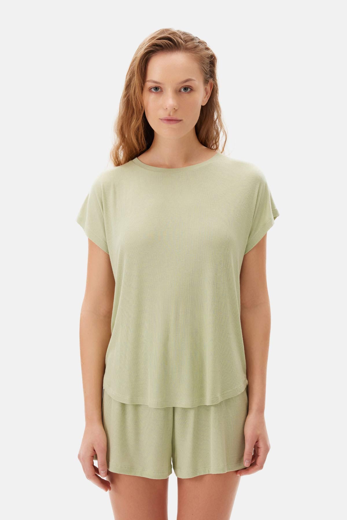 Açık Yeşil Düşük Kol Tişört Şort Pijama Takımı