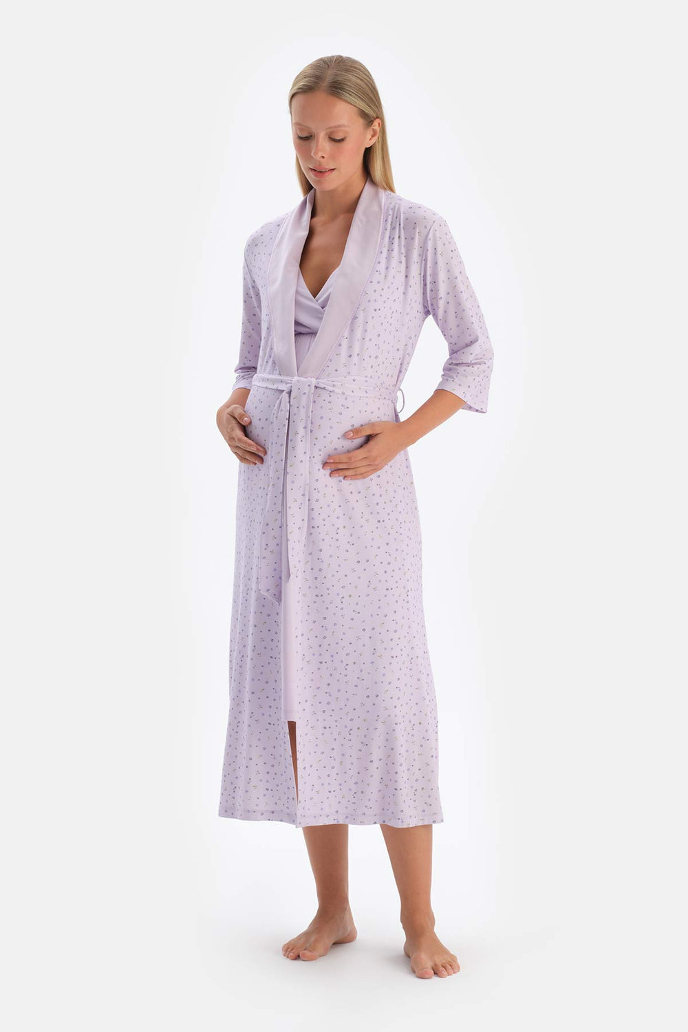 Lilac FLORAL PRINTED COMBED MODAL MATERNITY ROBE