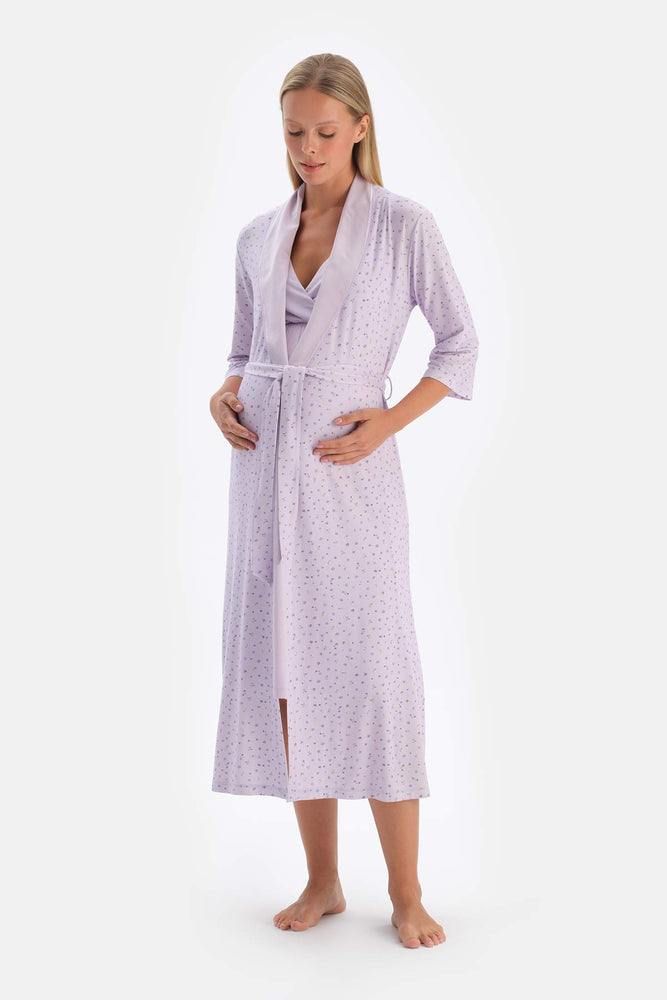Lilac FLORAL PRINTED COMBED MODAL MATERNITY ROBE