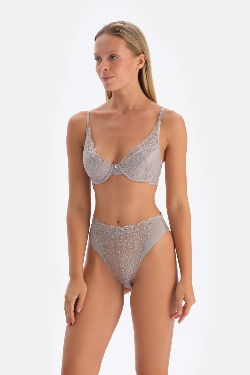 Light Grey LACE AND STONE DETAILED UNFILLED BRA WITH BALEEN