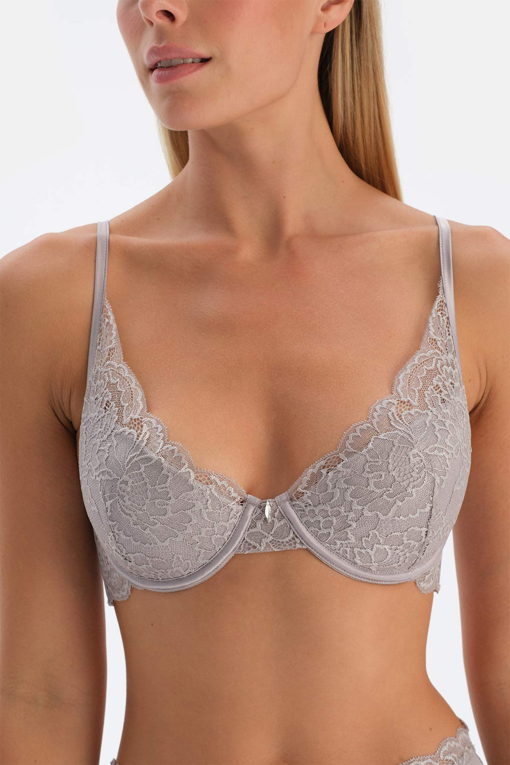 Light Grey LACE AND STONE DETAILED UNFILLED BRA WITH BALEEN