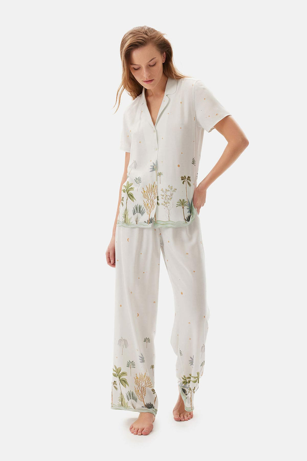 Su Yeşili Su i Baskılı Dokuma Viskon Pijama Altı