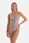 Light Grey LACE AND STONE CHAIN DETAILED BODYSUIT