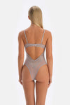 Light Grey LACE AND STONE CHAIN DETAILED BODYSUIT