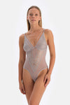 Light Grey LACE AND STONE CHAIN DETAILED BODYSUIT
