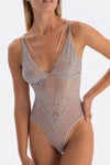 Light Grey LACE AND STONE CHAIN DETAILED BODYSUIT