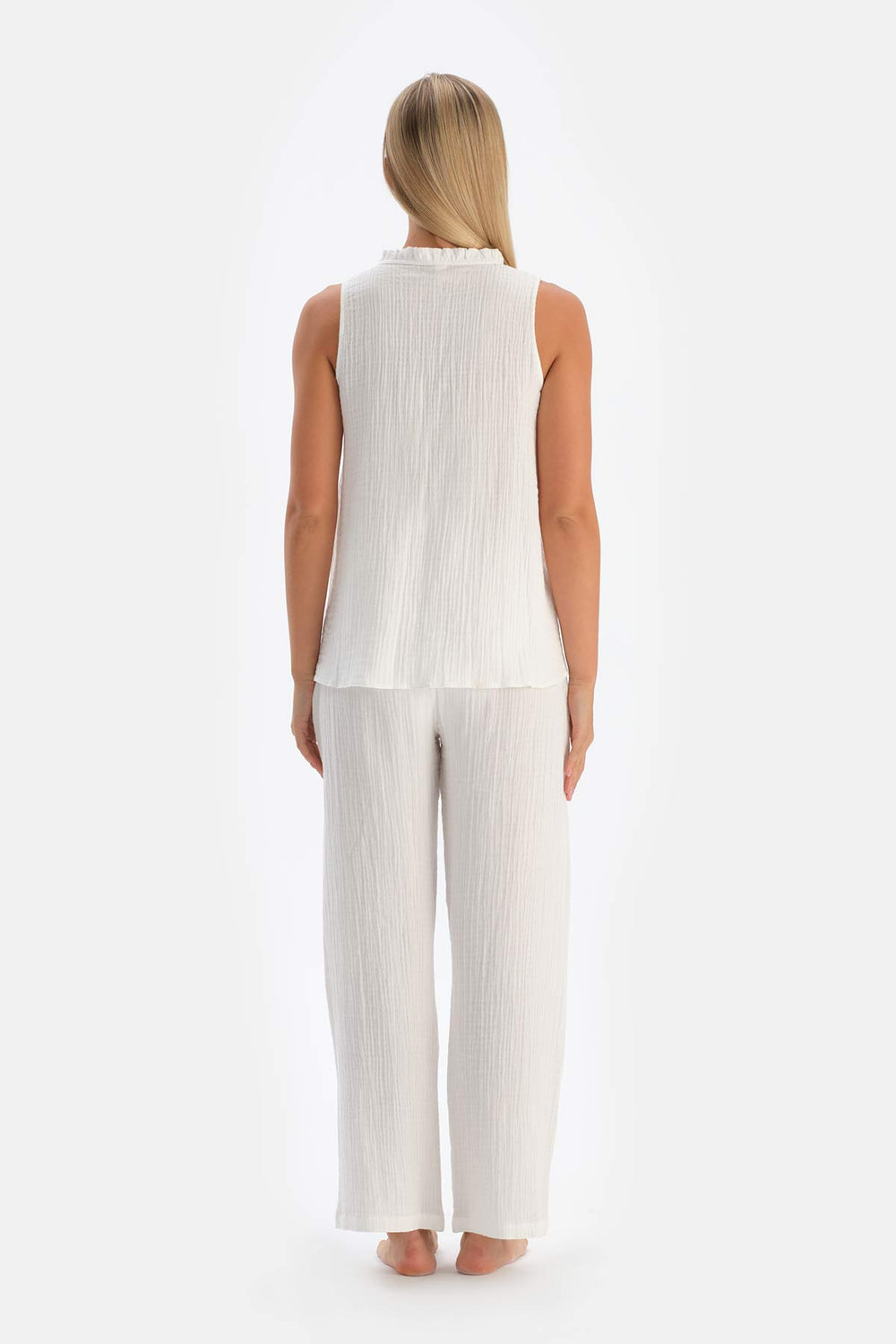 White RUFFLED PLACKET MUSLIN MATERNITY PAJAMA TOP