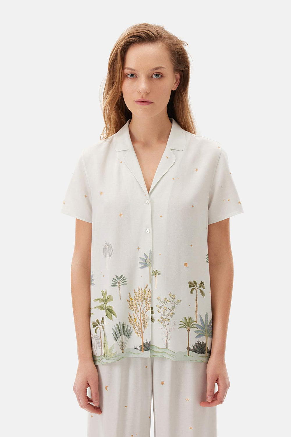 Su Yeşili Su i Baskılı Viskon Gömlek Pijama Üstü