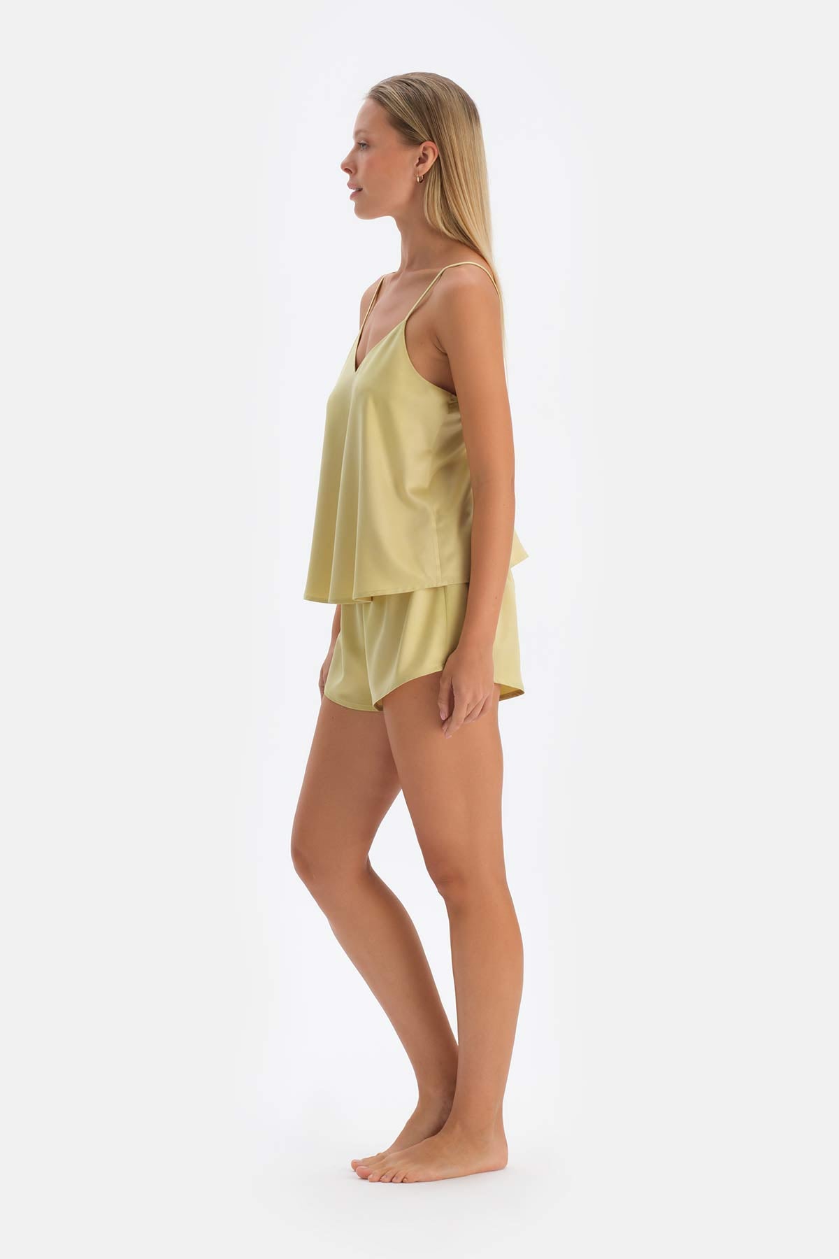 Yağ Yeşili Saten Atlet Pijama Üstü