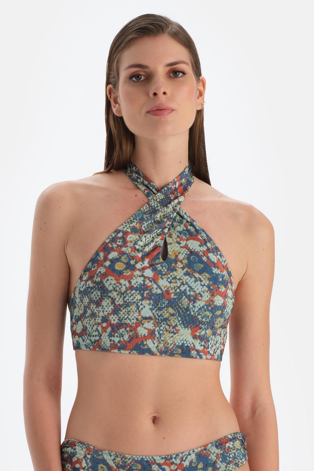 Kiremit-Mavi Halter Yaka Bikini Üst