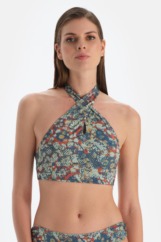 Kiremit-Mavi Halter Yaka Bikini Üst