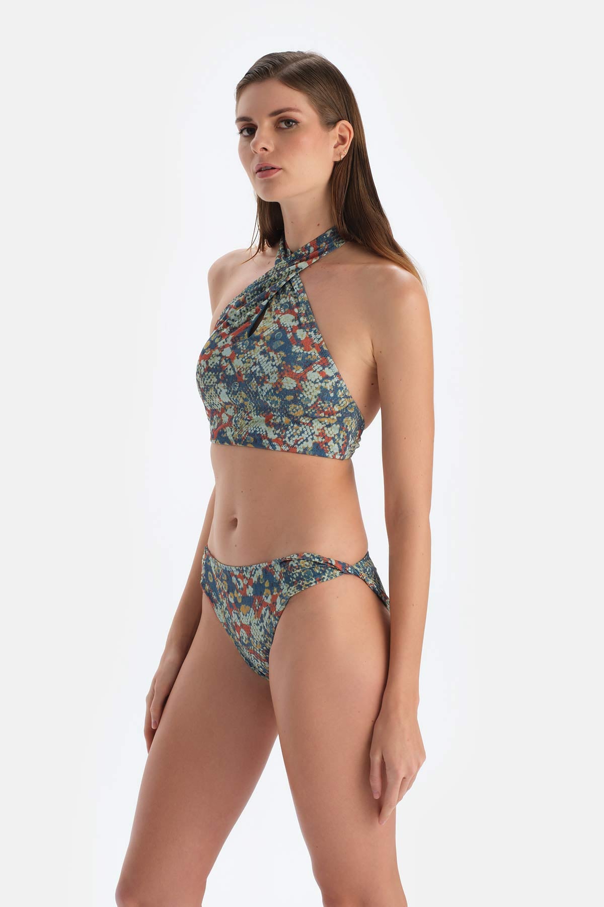 Kiremit-Mavi Halter Yaka Bikini Üst