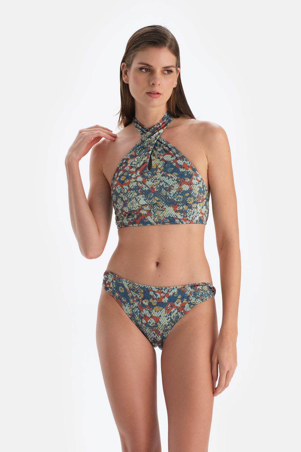 Kiremit-Mavi Halter Yaka Bikini Üst