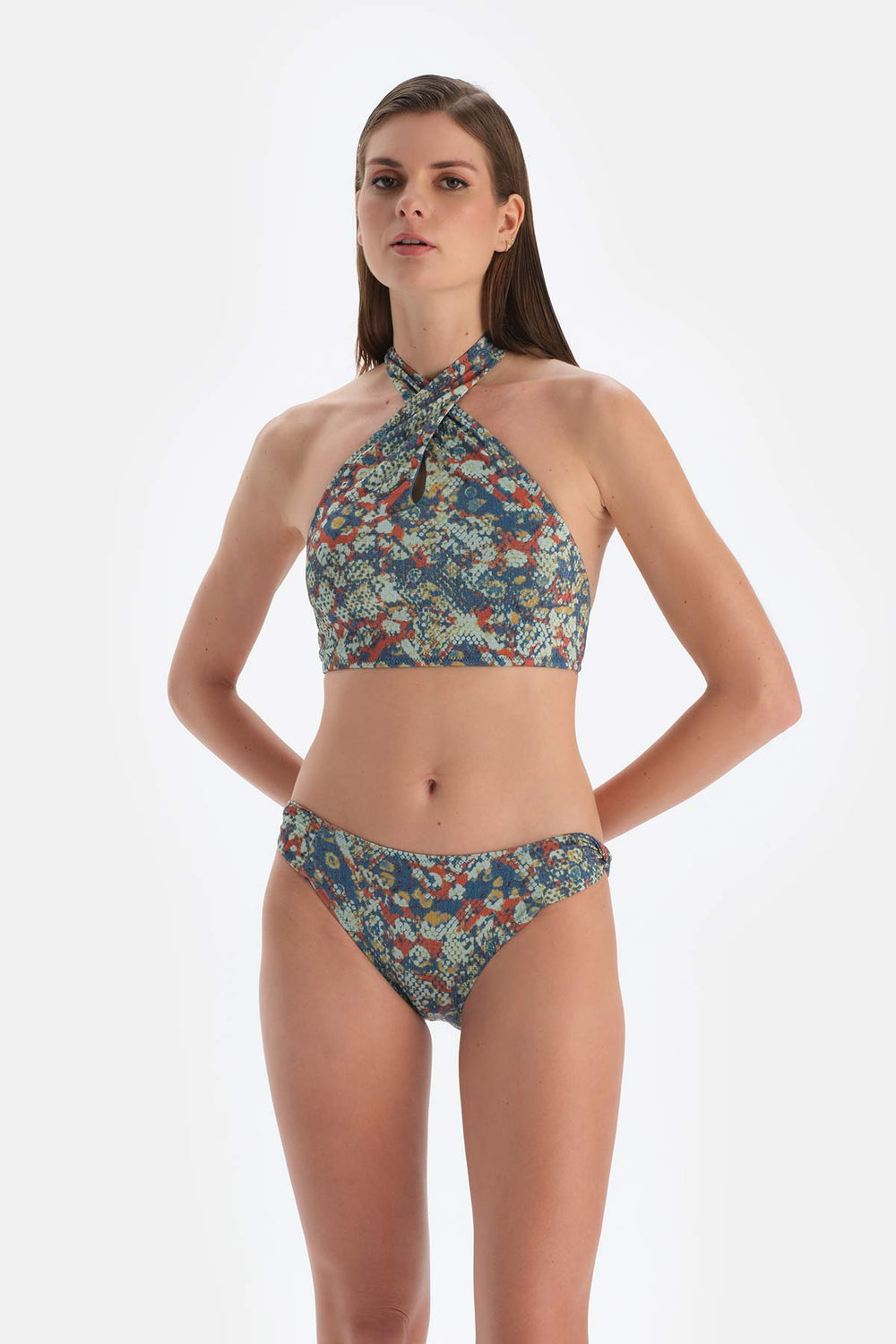 Kiremit-Mavi Halter Yaka Bikini Üst