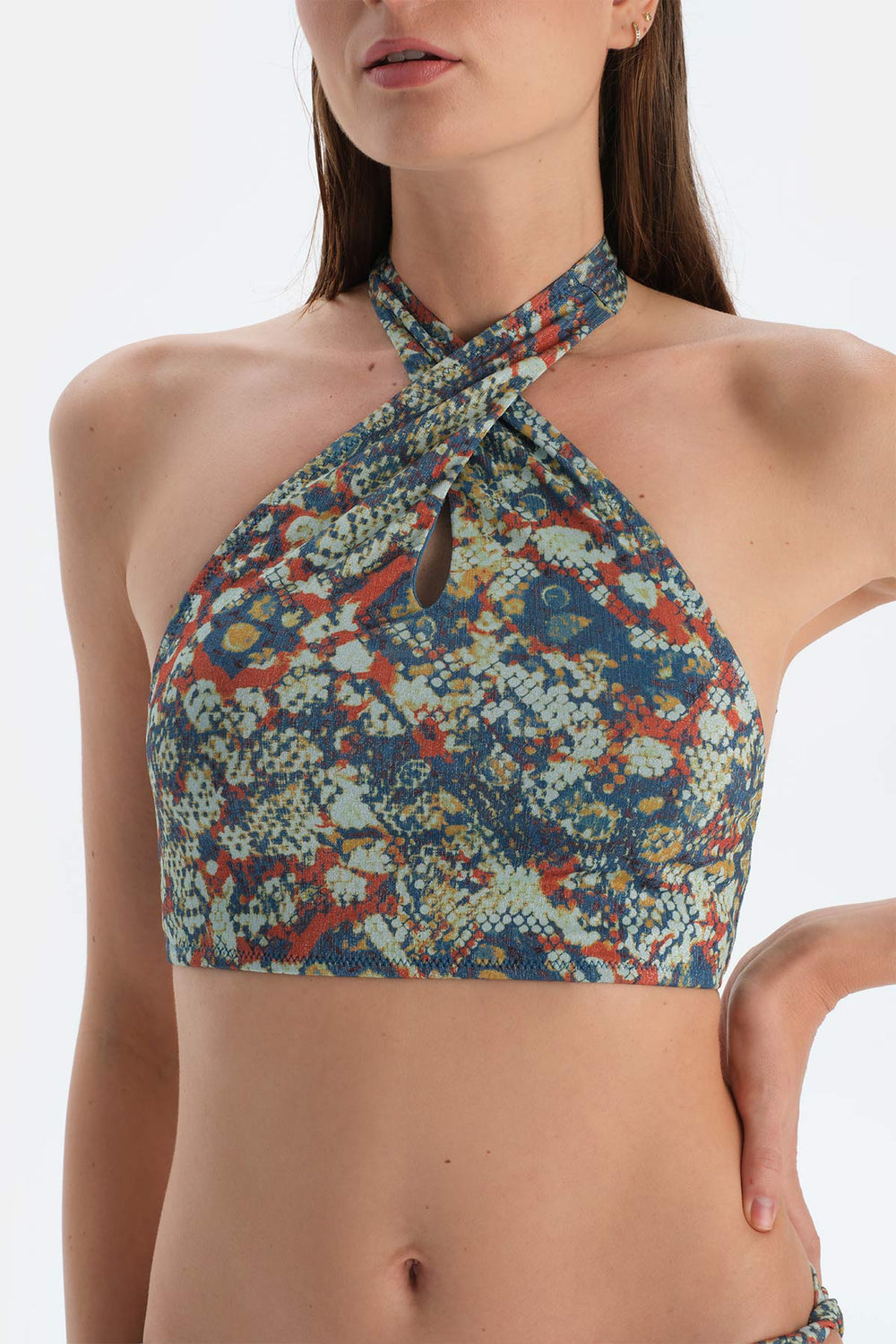 Kiremit-Mavi Halter Yaka Bikini Üst