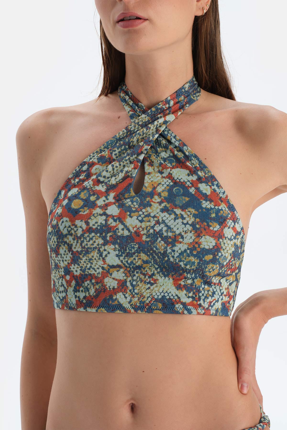 Kiremit-Mavi Halter Yaka Bikini Üst