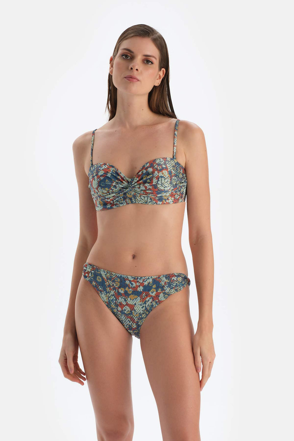 Kiremit-Mavi Straplez Kaplı Bikini Üst