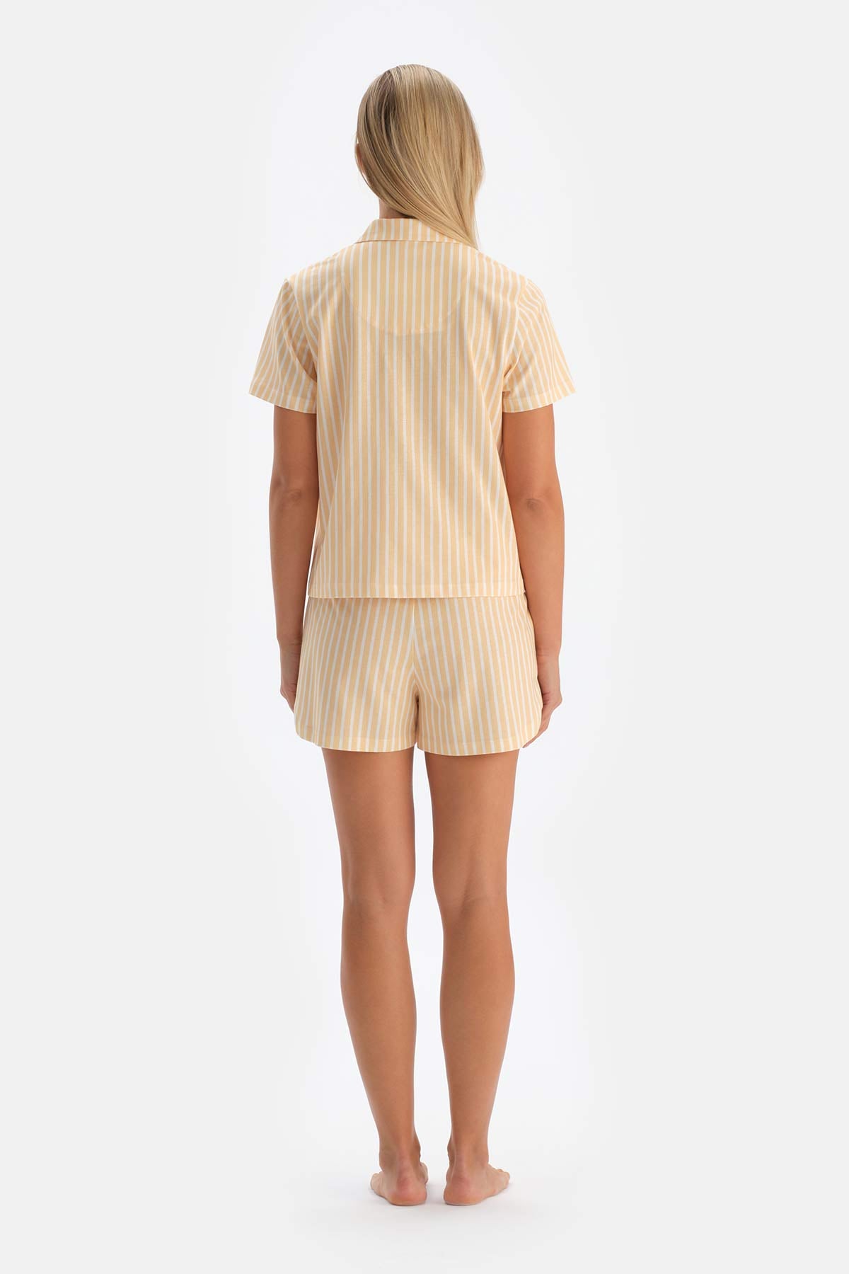 Sarı Çizgili Gömlek Yaka Modal Şortlu Pijama Takımı