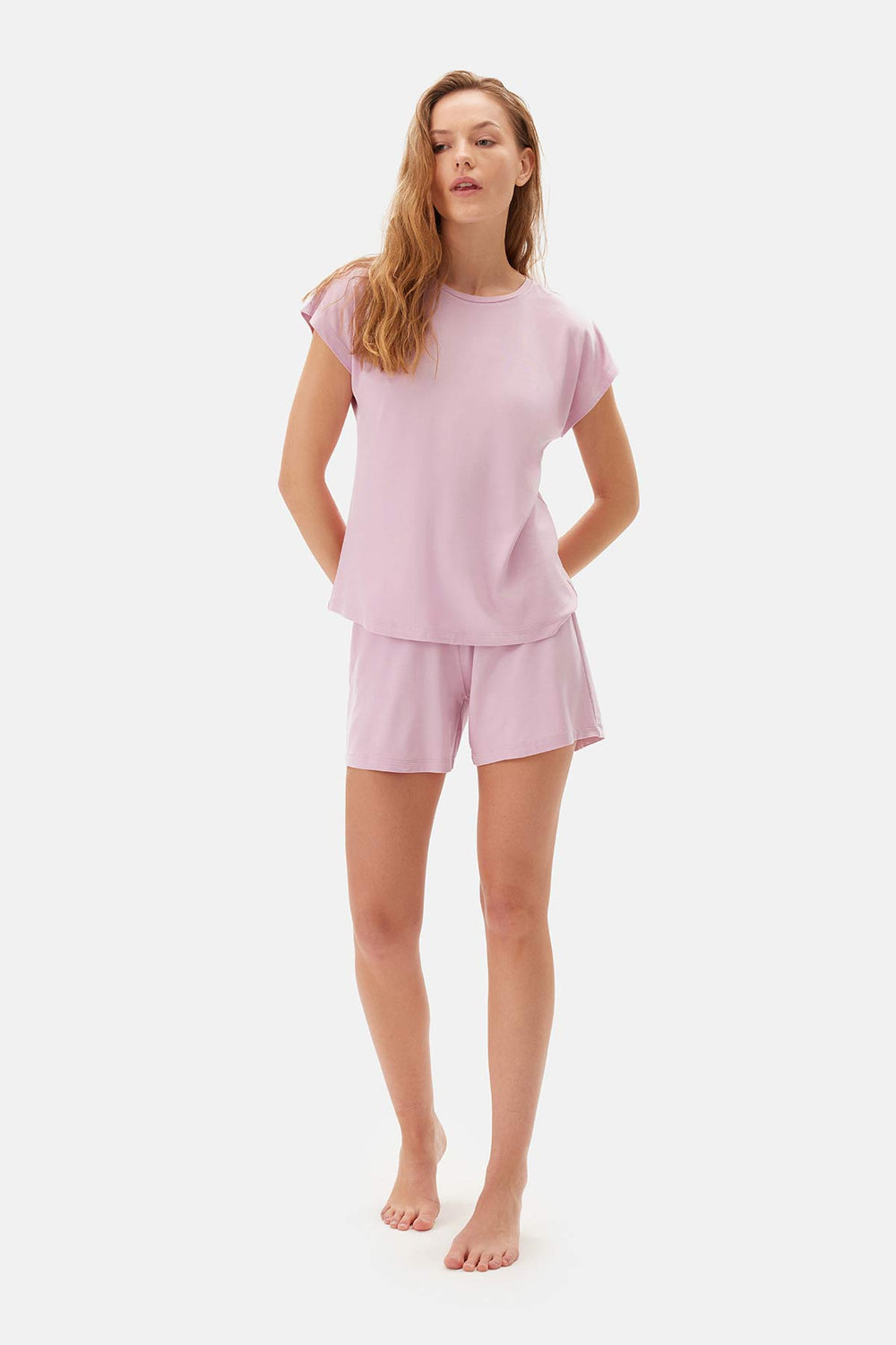 Açık Pembe Kayık Yaka Viskon Şortlu Pijama Takımı