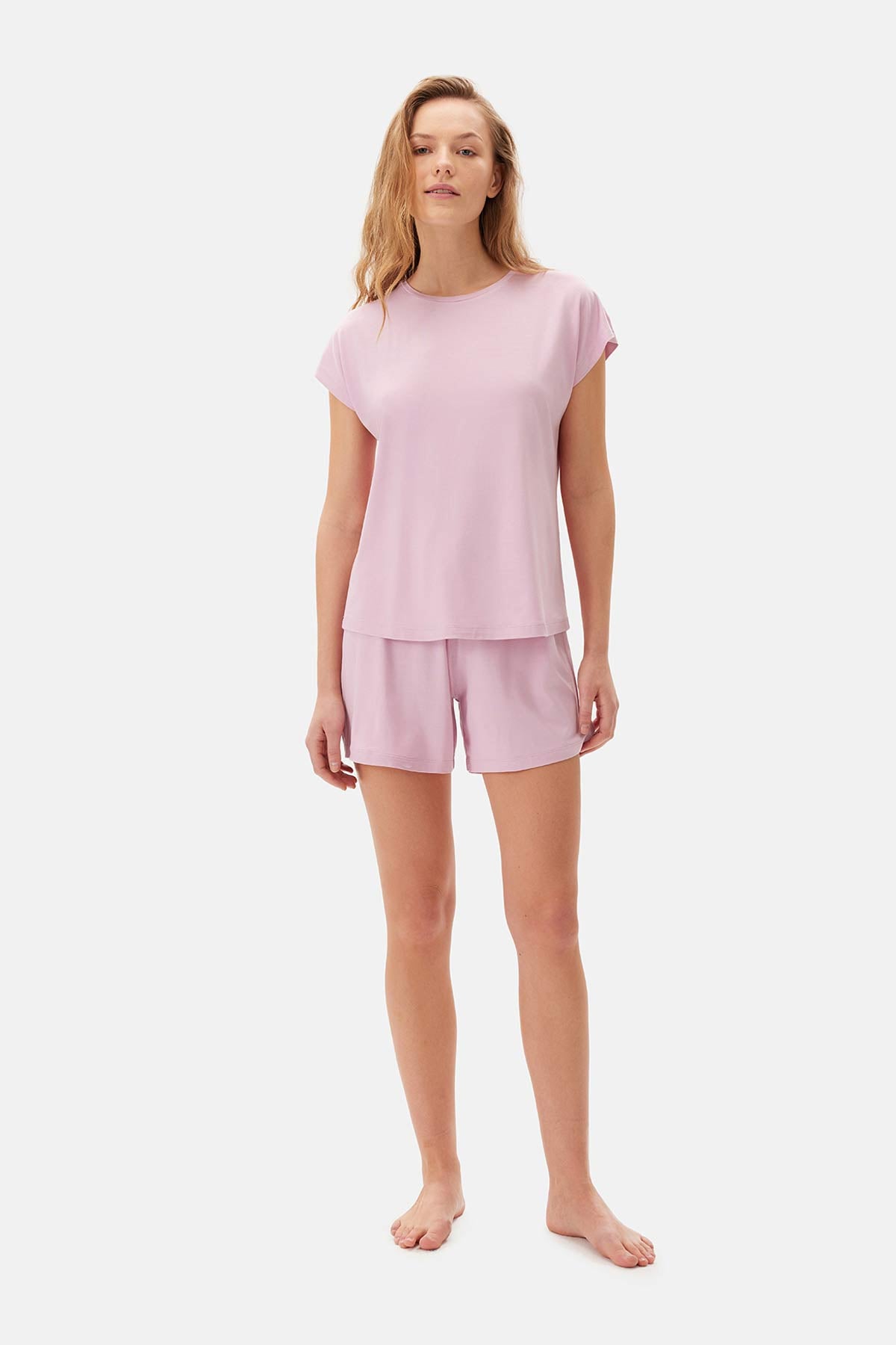 Açık Pembe Kayık Yaka Viskon Şortlu Pijama Takımı