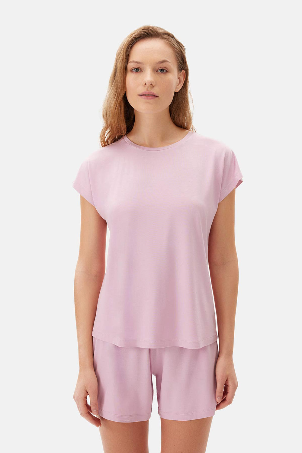 Açık Pembe Kayık Yaka Viskon Şortlu Pijama Takımı