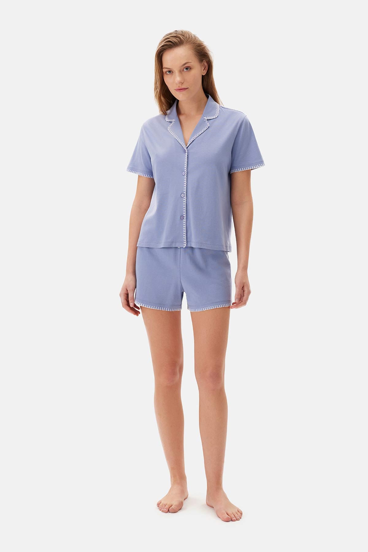 Mavi Kısa Kol Çoban Dikişli Modal Şortlu Pijama Takımı