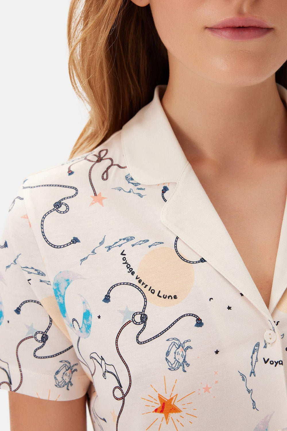 Ekru Gömlek Yaka Modal Şortlu Pijama Takımı