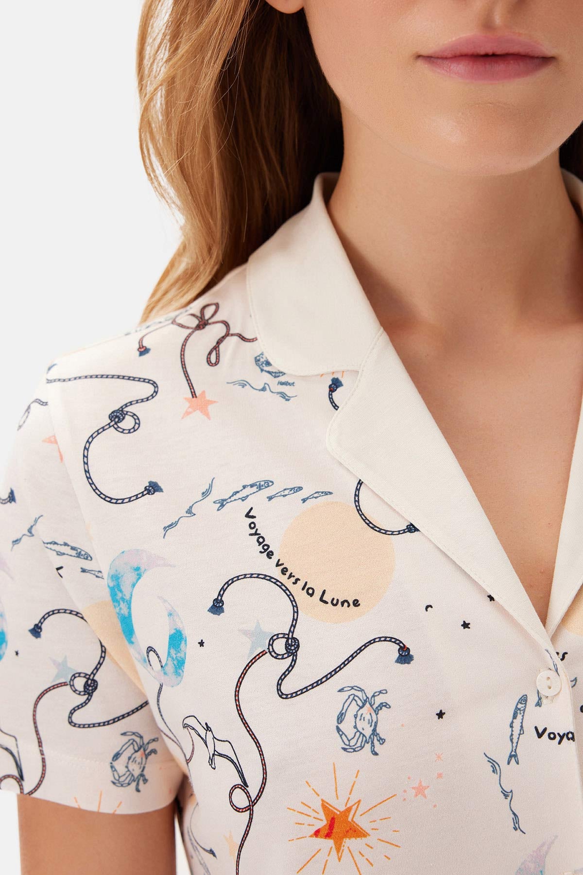 Ekru Gömlek Yaka Modal Şortlu Pijama Takımı