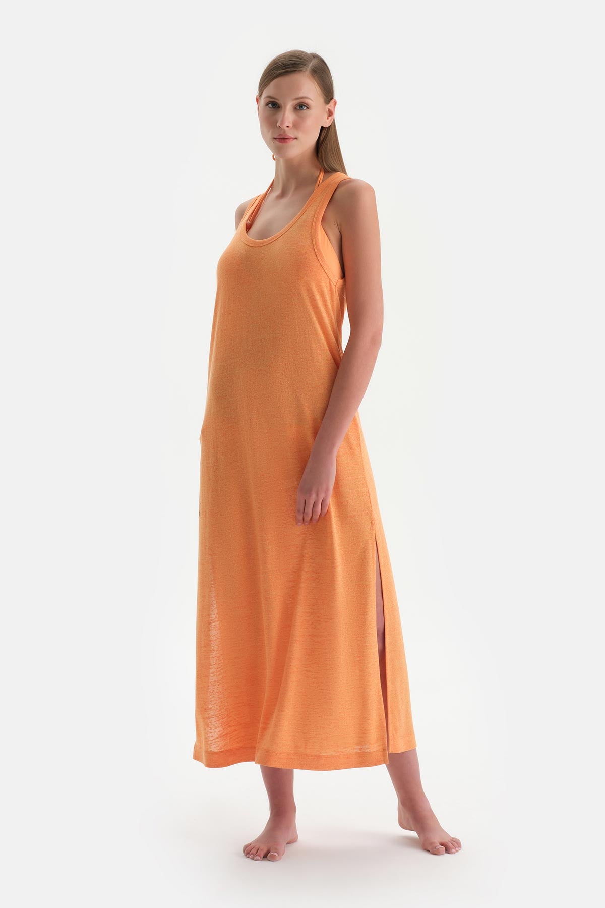 Turuncu Kalın Askılı Kolsuz Elbise