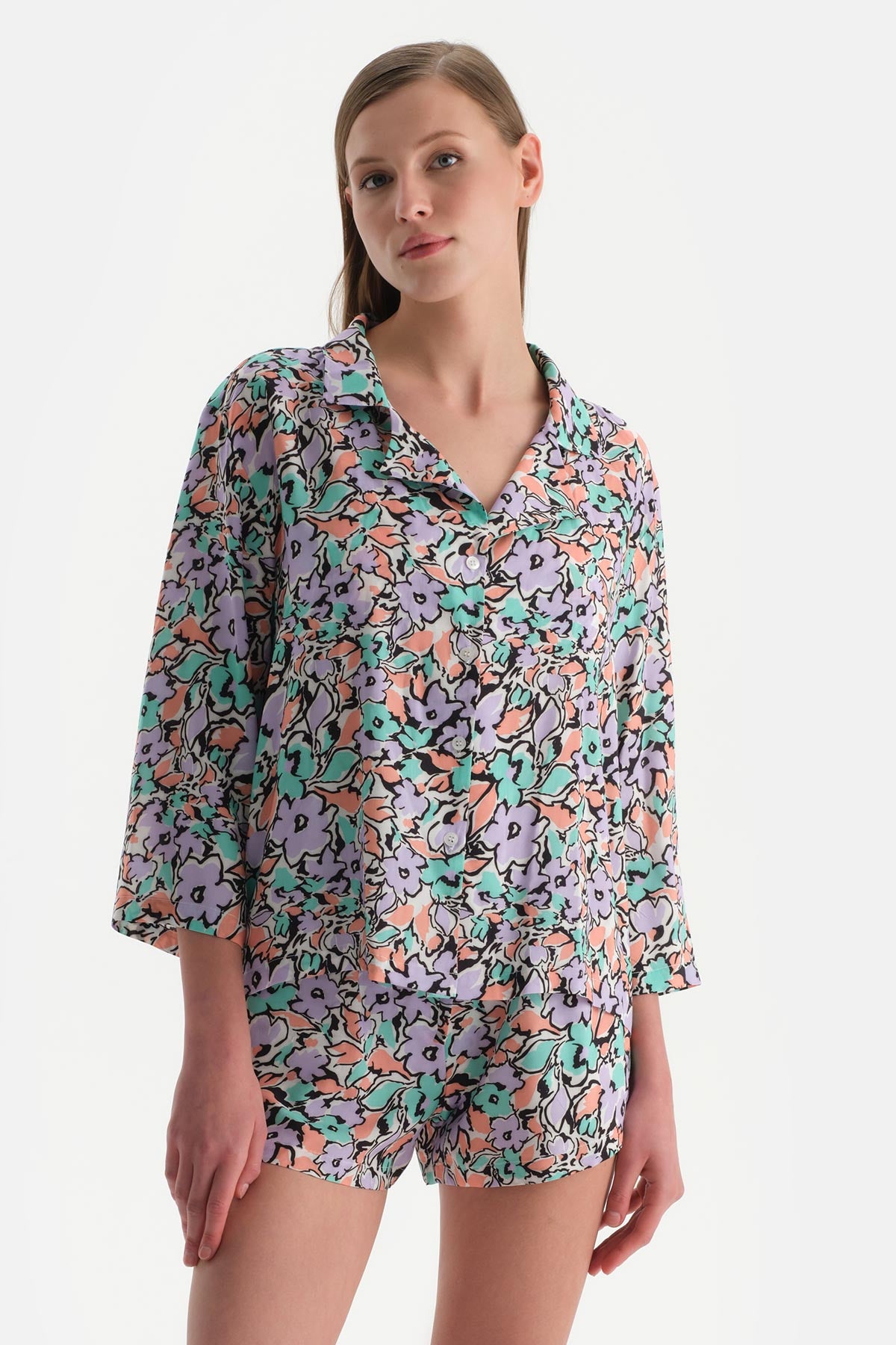 Ekru-Lila Kısa Kol Gömlek Pareo