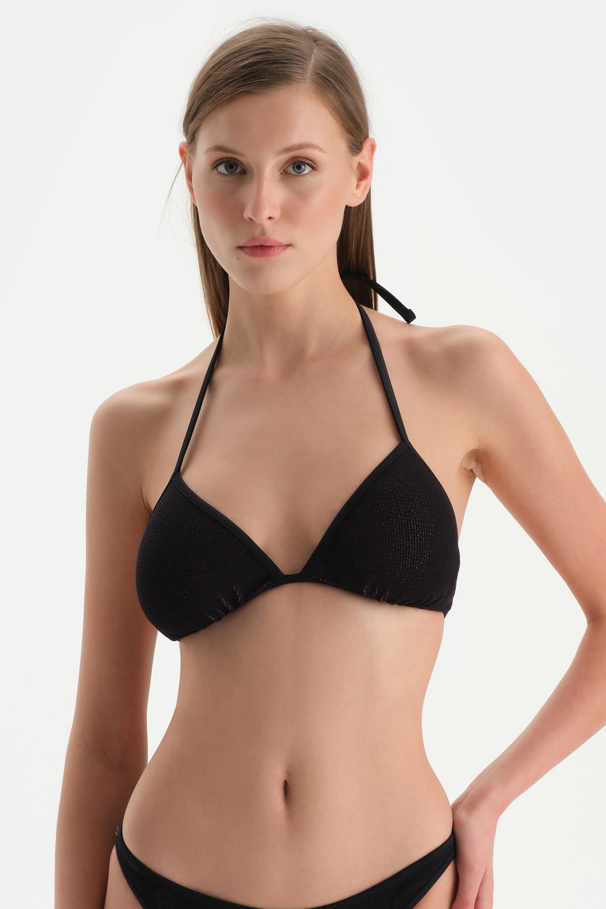 Siyah-Pembe Üçgen Küçük Bikini Üst