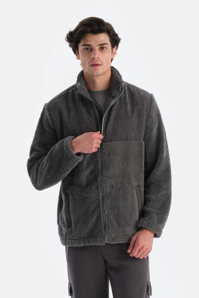 Gri Erkek Önden Fermuarlı Kadife Detaylı Polar Sweatshırt