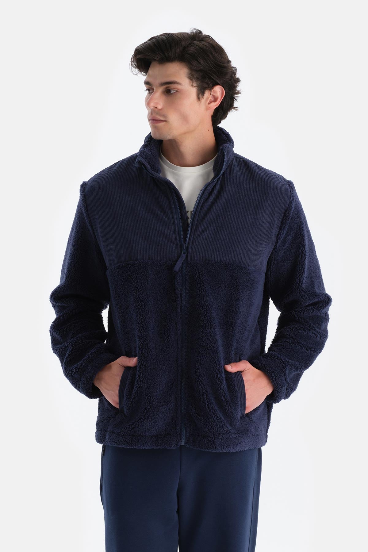 Lacivert Erkek Önden Fermuarlı Kadife Detaylı Polar Sweatshırt